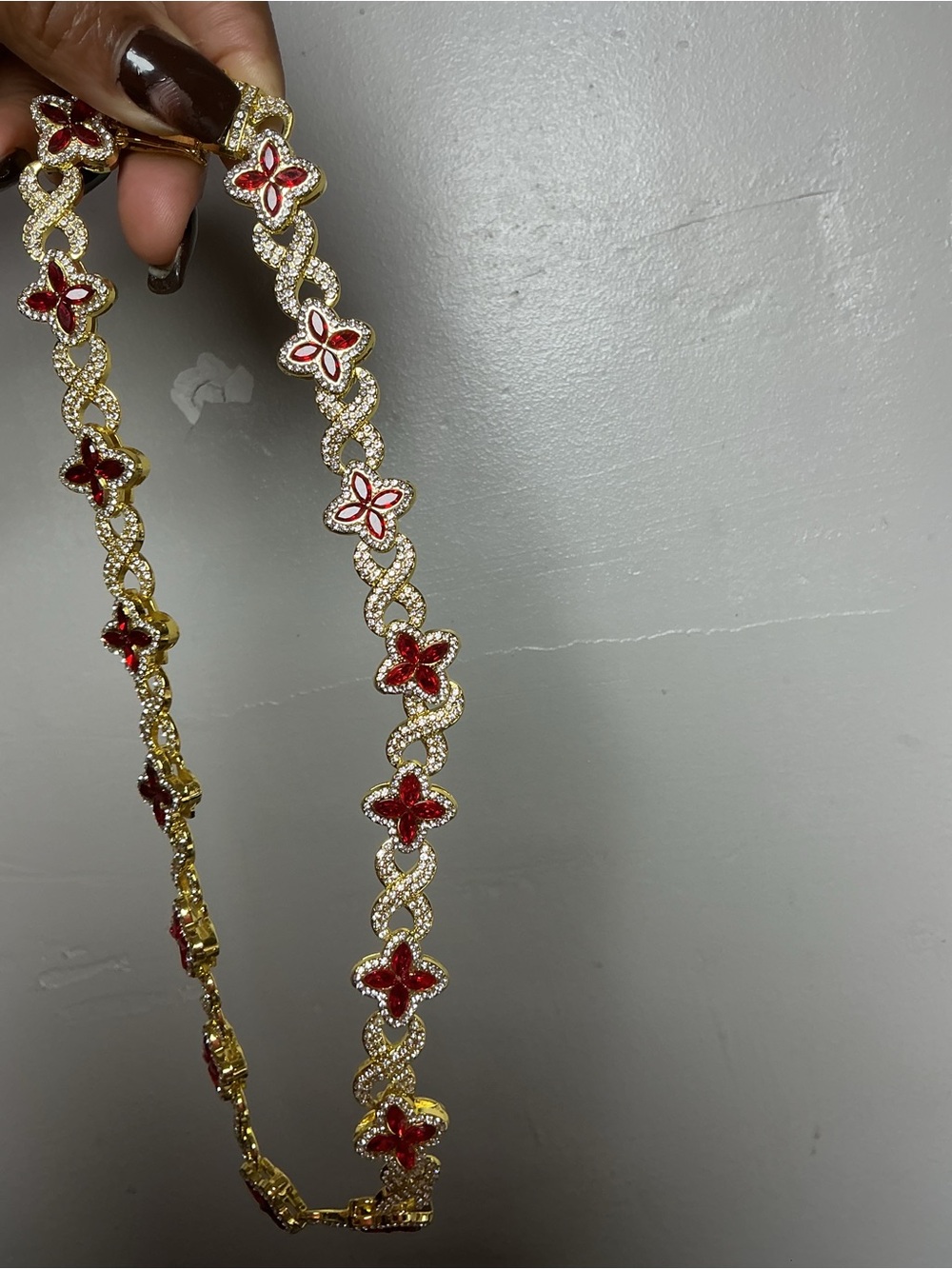 Gold Tone Necklace with Red Flower Accents